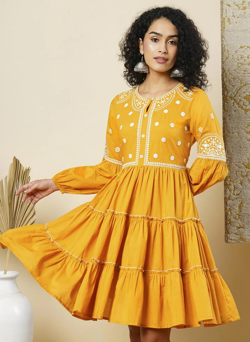 جلو باص جلوبس فستان نسائي قطن مطرز بالزهور بتصميم A-line عرقي